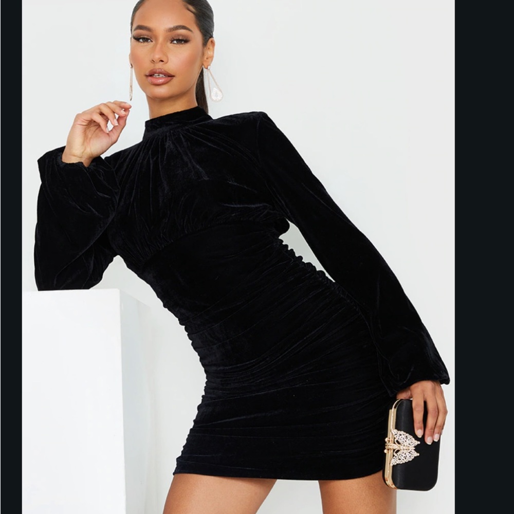 Black Velvet High Neck Ruched Balloon Sleeve Bodycon Dress